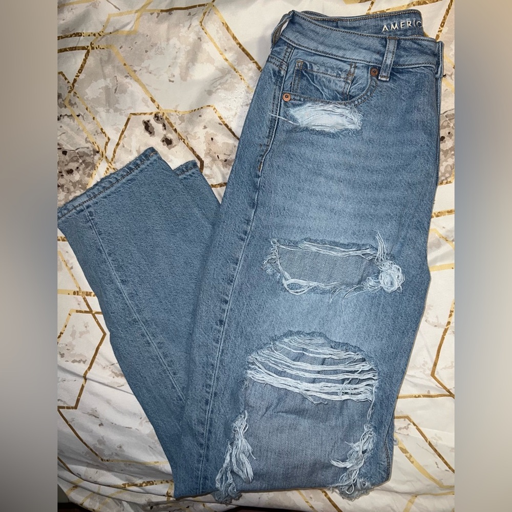 American Eagle Ripped Mom Jeans, light wash, non-stretch